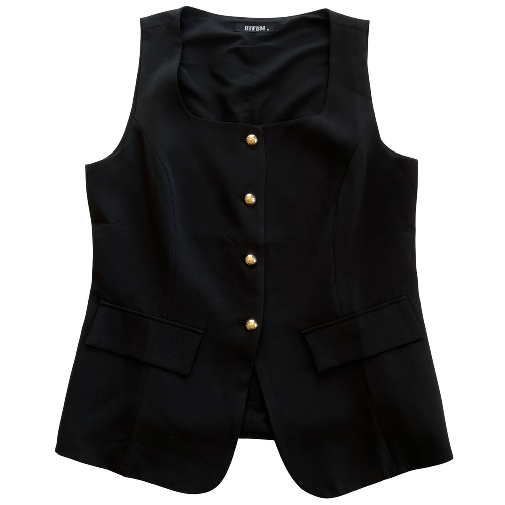 BTFBM Black Modern Preppy Polished Euro Chic Gold Button Tailored Vest Size M